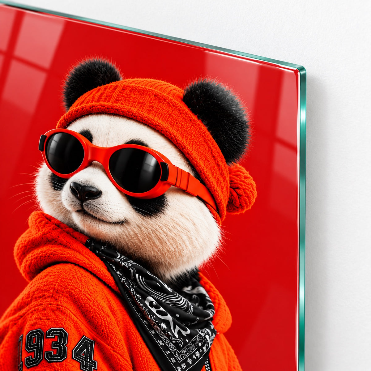 Kırmızı Bereli Gözlüklü Panda Dikey Cam Tablo - 4 mm ince cam kenarı