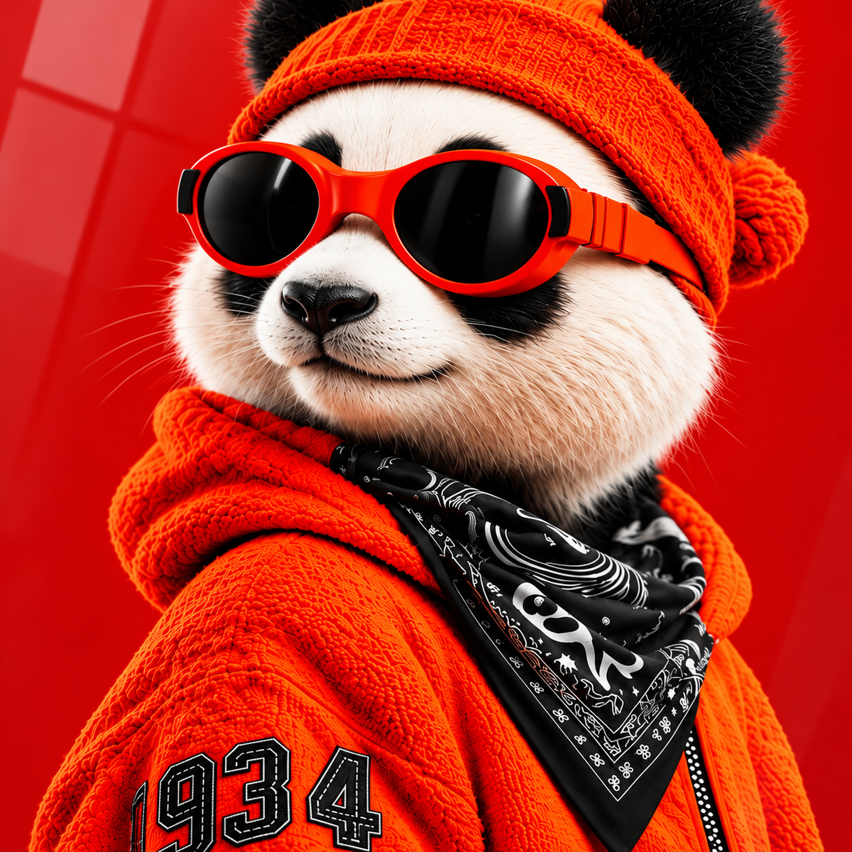 Kırmızı Bereli Gözlüklü Panda Dikey Cam Tablo - UV baskı detayı