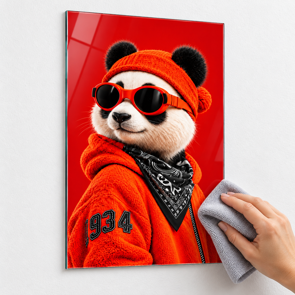 Kırmızı Bereli Gözlüklü Panda Dikey Cam Tablo - Mikrofiber bezle temizlik