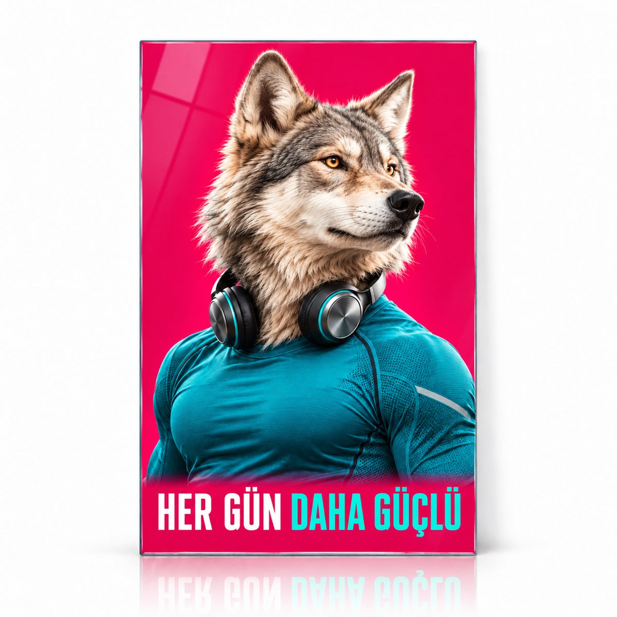 Her Gün Daha Güçlü Sporcu Kurt Dikey Cam Tablo - Beyaz vitrin