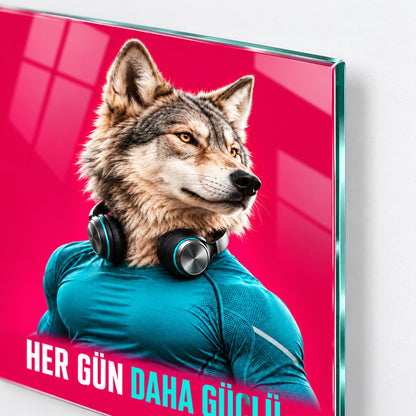 Her Gün Daha Güçlü Sporcu Kurt Dikey Cam Tablo - 4 mm ince cam kenarı