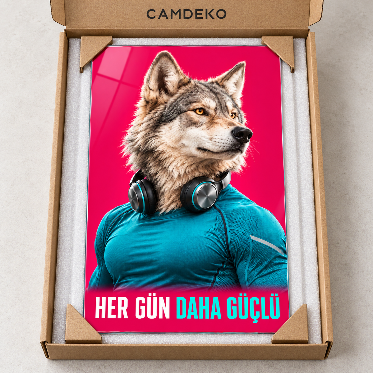 Her Gün Daha Güçlü Sporcu Kurt Dikey Cam Tablo - CAMDEKO koruyucu ambalaj