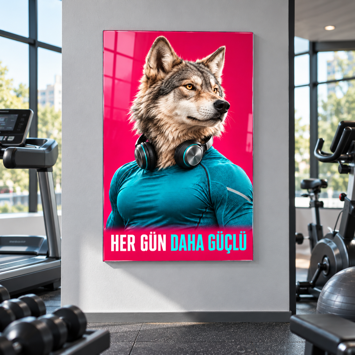 Her Gün Daha Güçlü Sporcu Kurt Dikey Cam Tablo - Kardiyo salonu