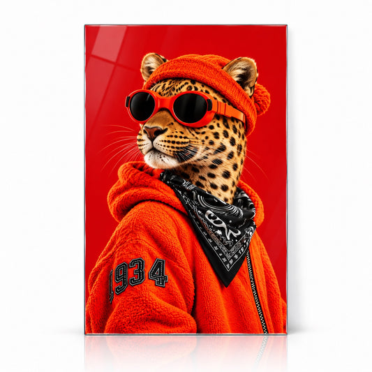 Kırmızı Bereli Gözlüklü Leopar Dikey Cam Tablo - Beyaz vitrin