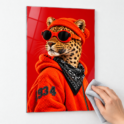 Kırmızı Bereli Gözlüklü Leopar Dikey Cam Tablo - Mikrofiber bezle temizlik