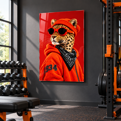 Kırmızı Bereli Gözlüklü Leopar Dikey Cam Tablo - Fitness salonu