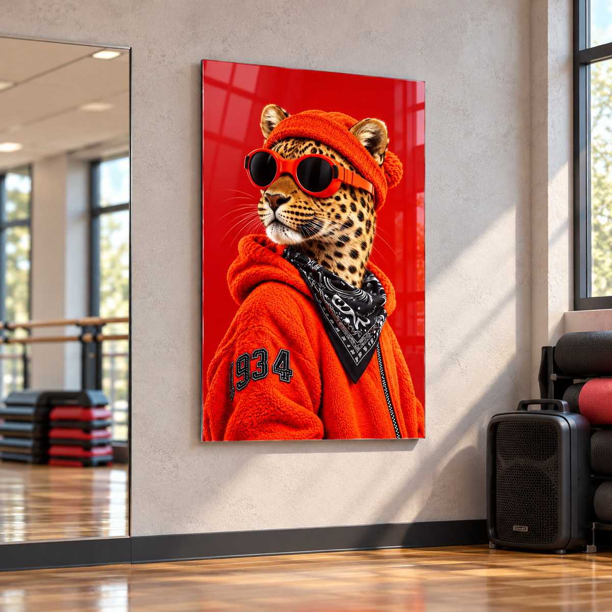 Kırmızı Bereli Gözlüklü Leopar Dikey Cam Tablo - Dans ve fitness stüdyosu