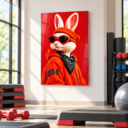 Kırmızı Bereli Gözlüklü Tavşan Dikey Cam Tablo - Grup fitness salonu