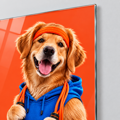 Mavi Sweatshirtlü Golden Köpek Dikey Cam Tablo - 4 mm ince cam kenarı