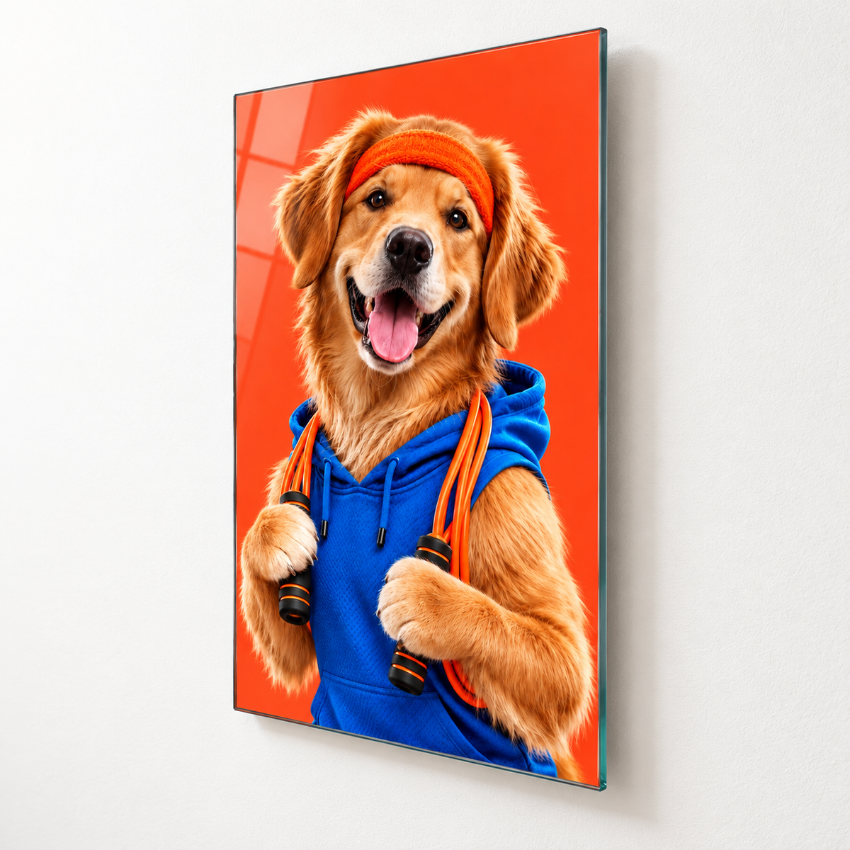 Mavi Sweatshirtlü Golden Köpek Dikey Cam Tablo - Duvar mesafesi