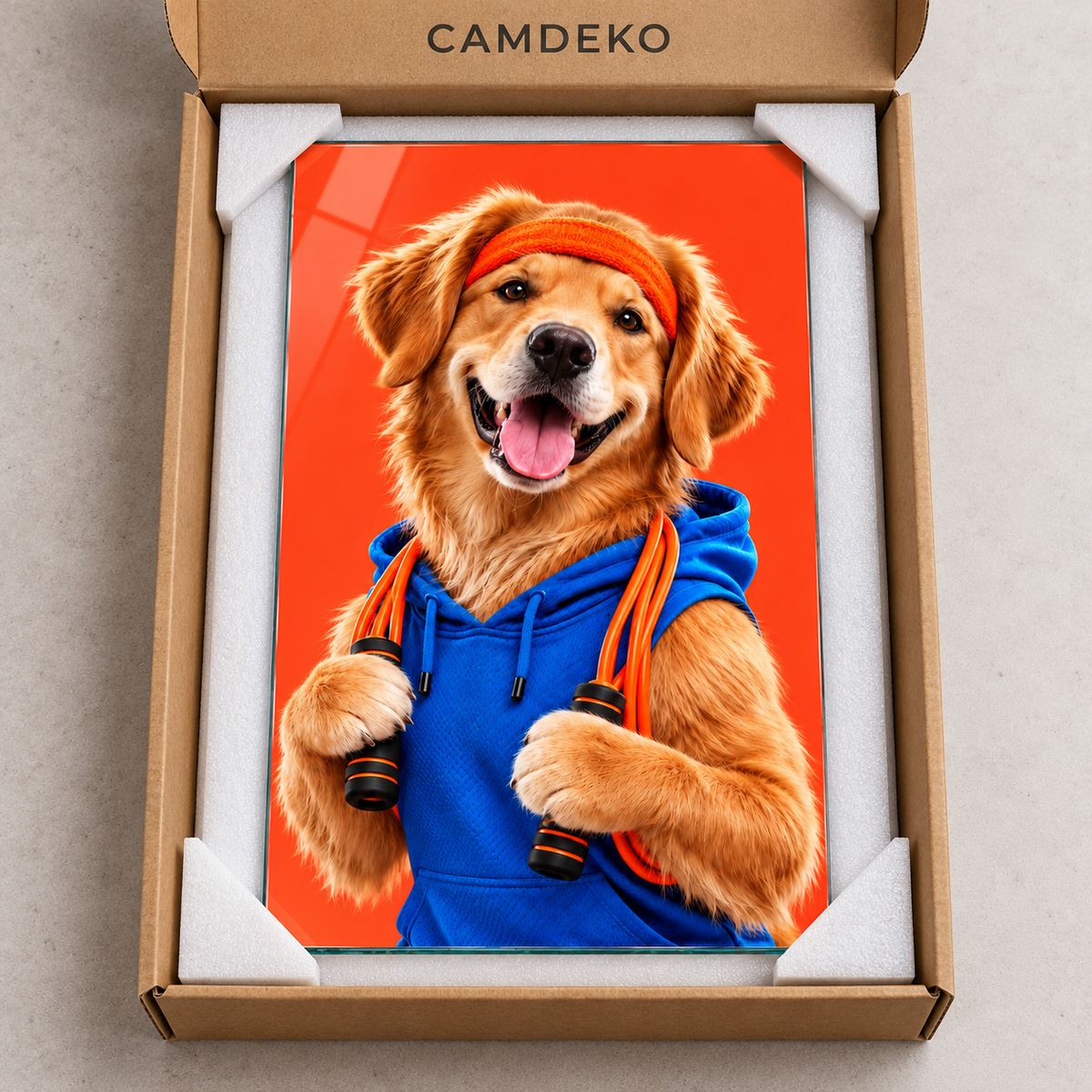Mavi Sweatshirtlü Golden Köpek Dikey Cam Tablo - CAMDEKO koruyucu ambalaj