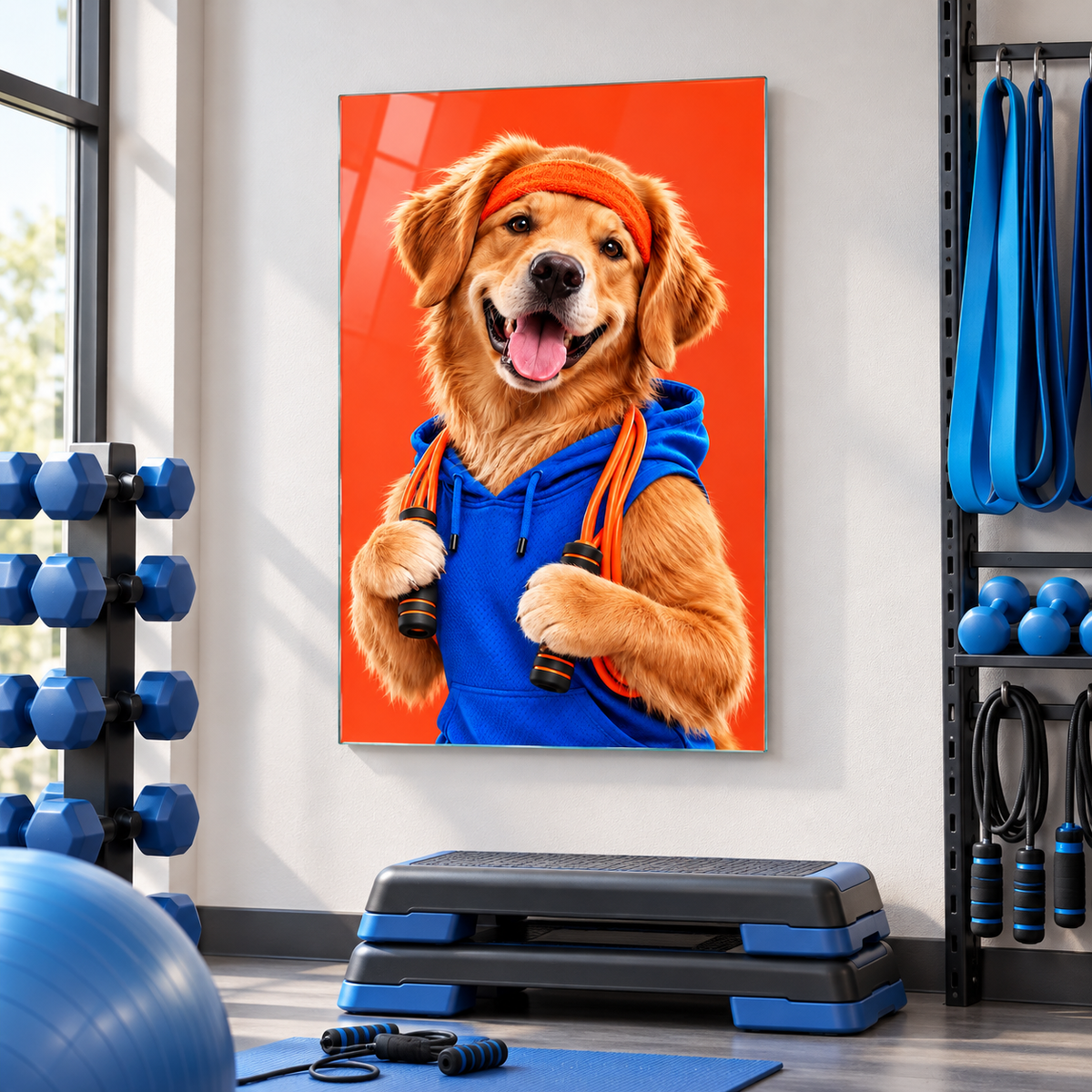 Mavi Sweatshirtlü Golden Köpek Dikey Cam Tablo - Grup kardiyo stüdyosu