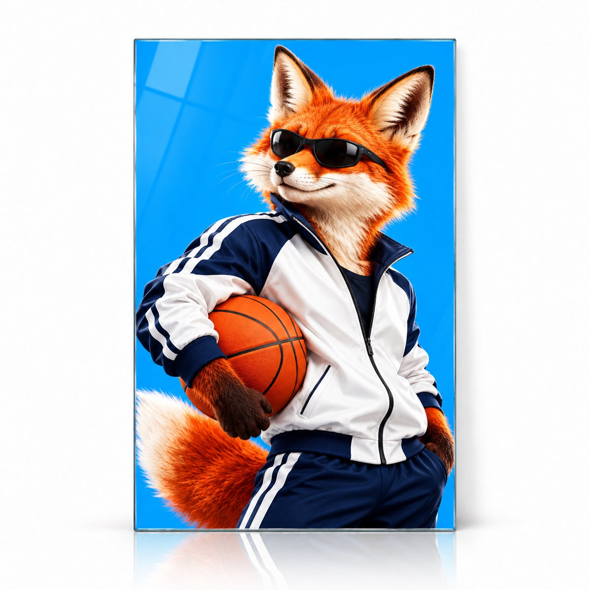 Basketbolcu Gözlüklü Tilki Dikey Cam Tablo - Beyaz vitrin