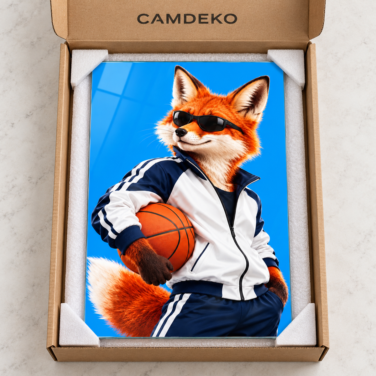 Basketbolcu Gözlüklü Tilki Dikey Cam Tablo - CAMDEKO koruyucu ambalaj