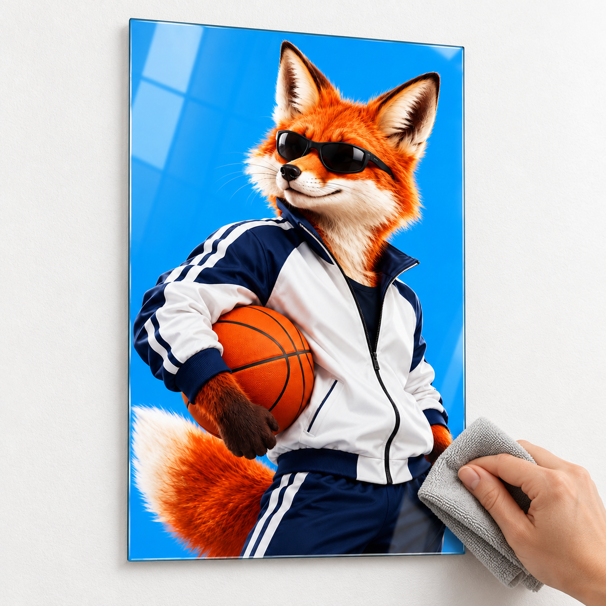 Basketbolcu Gözlüklü Tilki Dikey Cam Tablo - Mikrofiber bezle temizlik