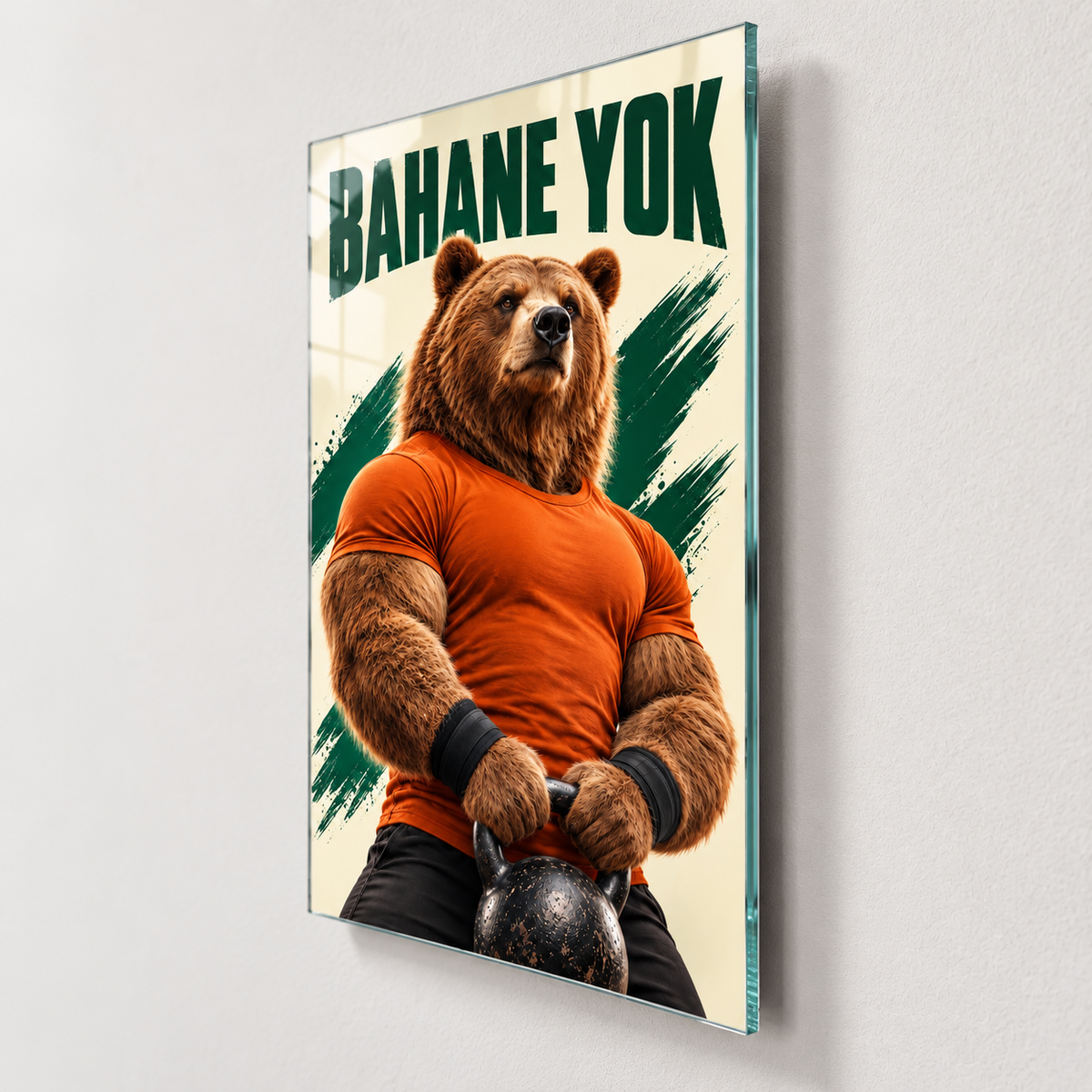 Bahane Yok Sporcu Ayı Dikey Cam Tablo - Duvar mesafesi
