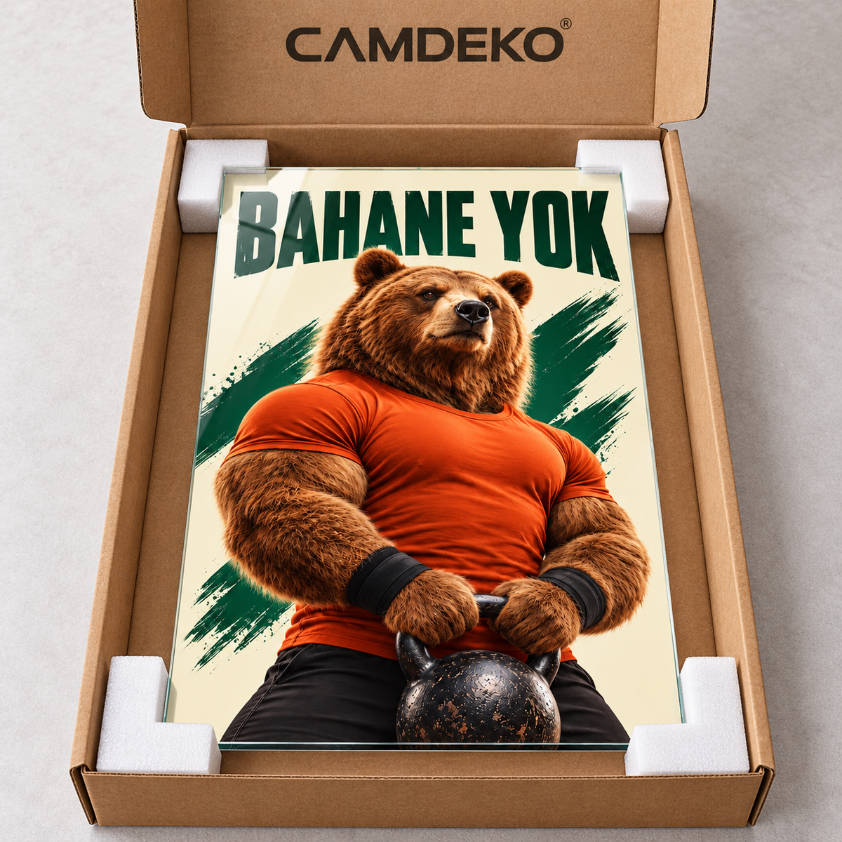 Bahane Yok Sporcu Ayı Dikey Cam Tablo - CAMDEKO koruyucu ambalaj