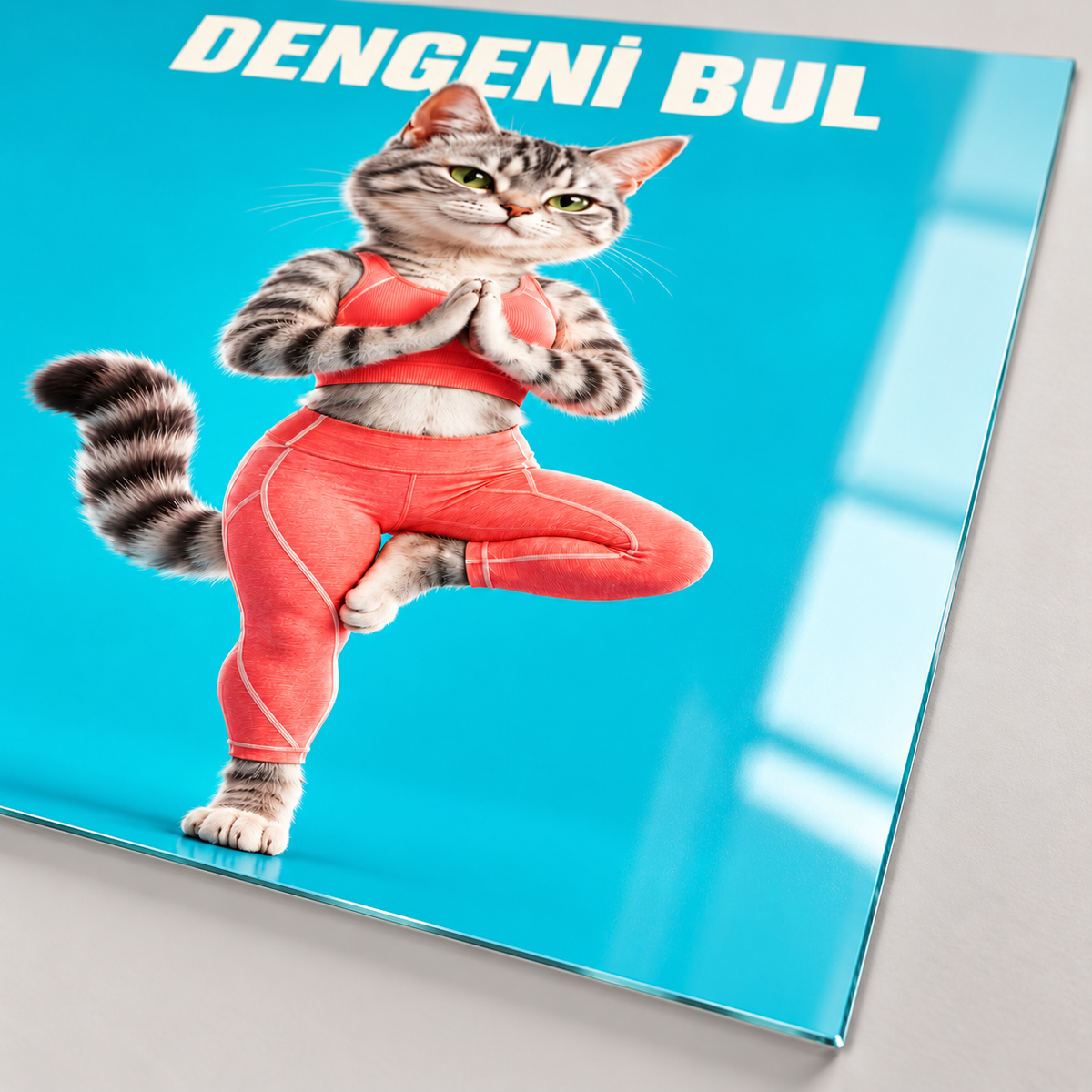 Dengeni Bul Yoga Yapan Kedi Dikey Cam Tablo - 4 mm ince rodajlı cam kenarı
