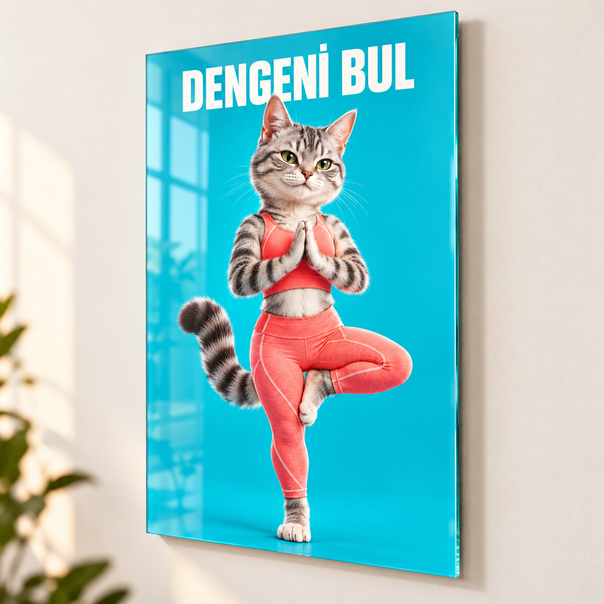 Dengeni Bul Yoga Yapan Kedi Dikey Cam Tablo - Yaklaşık 2 cm duvar mesafesi