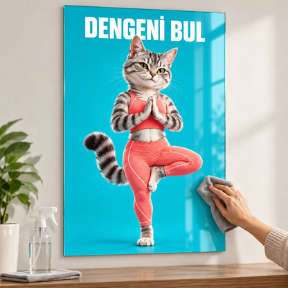 Dengeni Bul Yoga Yapan Kedi Dikey Cam Tablo - Mikrofiber bezle temizlik