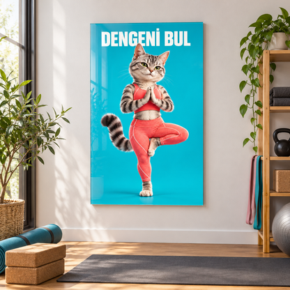 Dengeni Bul Yoga Yapan Kedi Dikey Cam Tablo - Evde yoga alanında görünüm