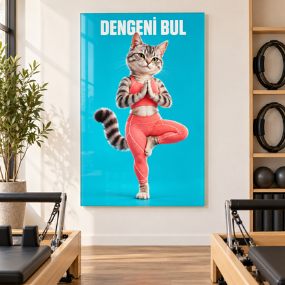 Dengeni Bul Yoga Yapan Kedi Dikey Cam Tablo - Pilates stüdyosunda görünüm
