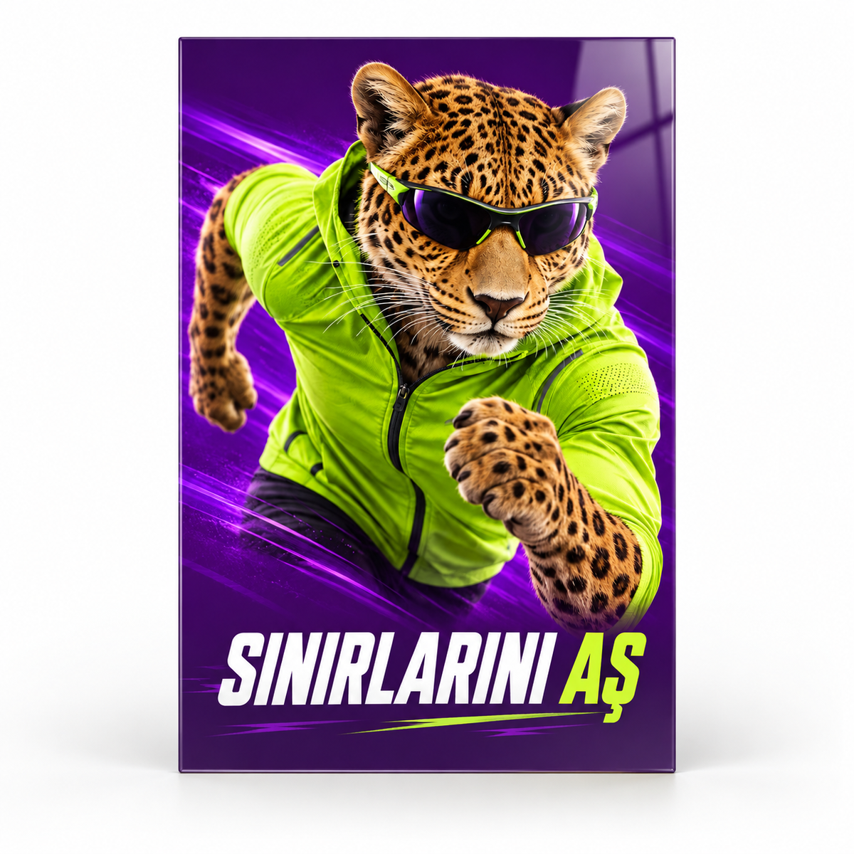 Sınırlarını Aş Sporcu Leopar Dikey Cam Tablo - Beyaz zemin vitrin