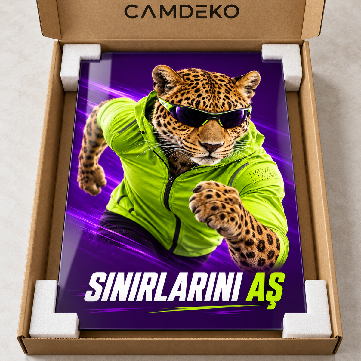 Sınırlarını Aş Sporcu Leopar Dikey Cam Tablo - CAMDEKO koruyucu ambalaj