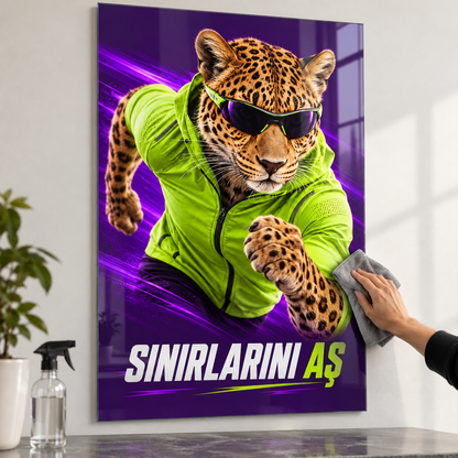 Sınırlarını Aş Sporcu Leopar Dikey Cam Tablo - Mikrofiber bezle temizlik