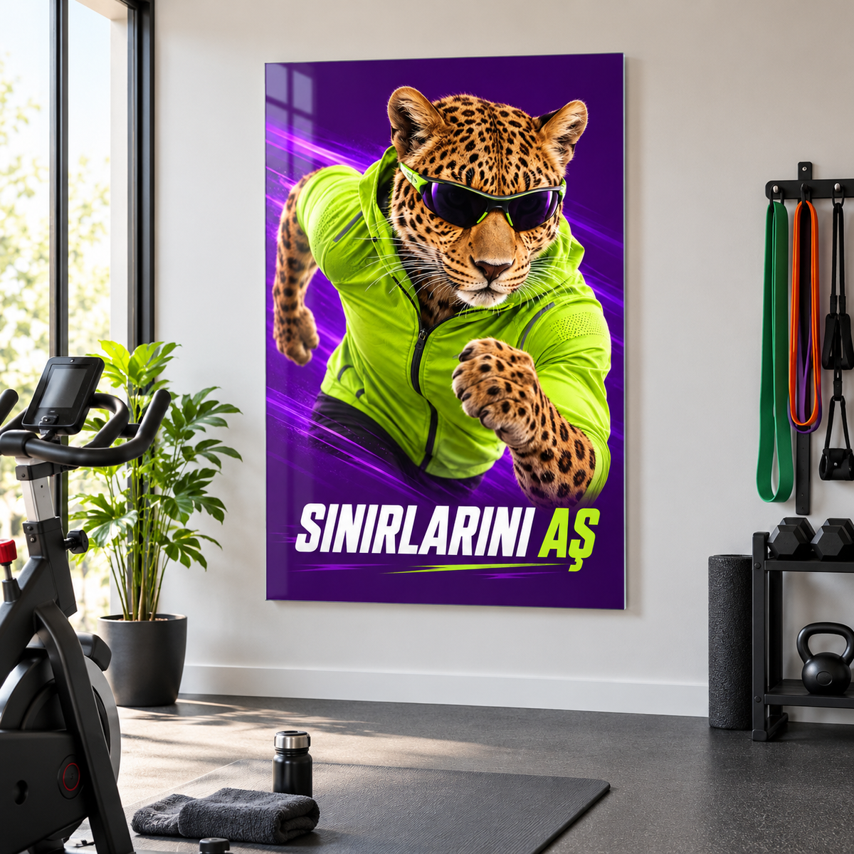 Sınırlarını Aş Sporcu Leopar Dikey Cam Tablo - Evde kardiyo alanında görünüm
