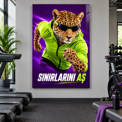 Sınırlarını Aş Sporcu Leopar Dikey Cam Tablo - Kardiyo salonunda görünüm