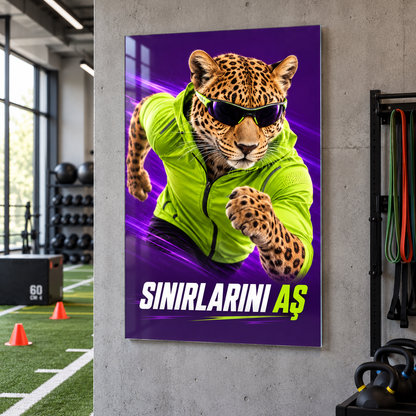 Sınırlarını Aş Sporcu Leopar Dikey Cam Tablo - Atletik performans alanında görünüm