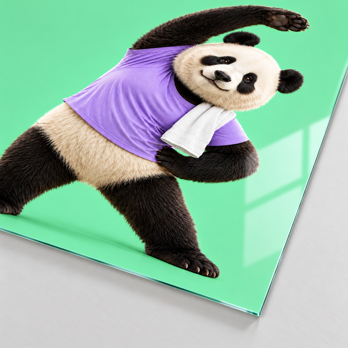 Mor Tişörtlü Esneyen Panda Dikey Cam Tablo - 4 mm ince rodajlı cam kenarı