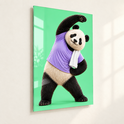 Mor Tişörtlü Esneyen Panda Dikey Cam Tablo - Yaklaşık 2 cm duvar mesafesi