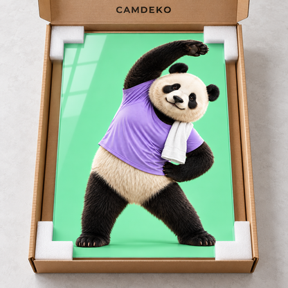 Mor Tişörtlü Esneyen Panda Dikey Cam Tablo - CAMDEKO koruyucu ambalaj