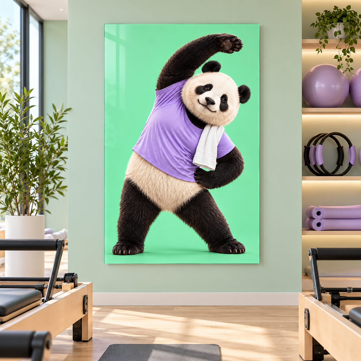 Mor Tişörtlü Esneyen Panda Dikey Cam Tablo - Pilates stüdyosunda görünüm