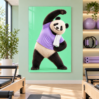Mor Tişörtlü Esneyen Panda Dikey Cam Tablo - Pilates stüdyosunda görünüm