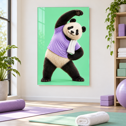 Mor Tişörtlü Esneyen Panda Dikey Cam Tablo - Esneme ve mobilite alanında görünüm