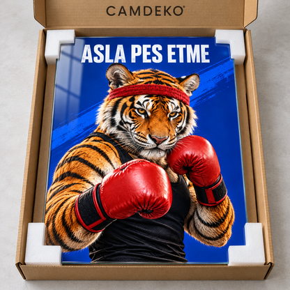 Asla Pes Etme Boksör Kaplan Dikey Cam Tablo - CAMDEKO koruyucu ambalaj
