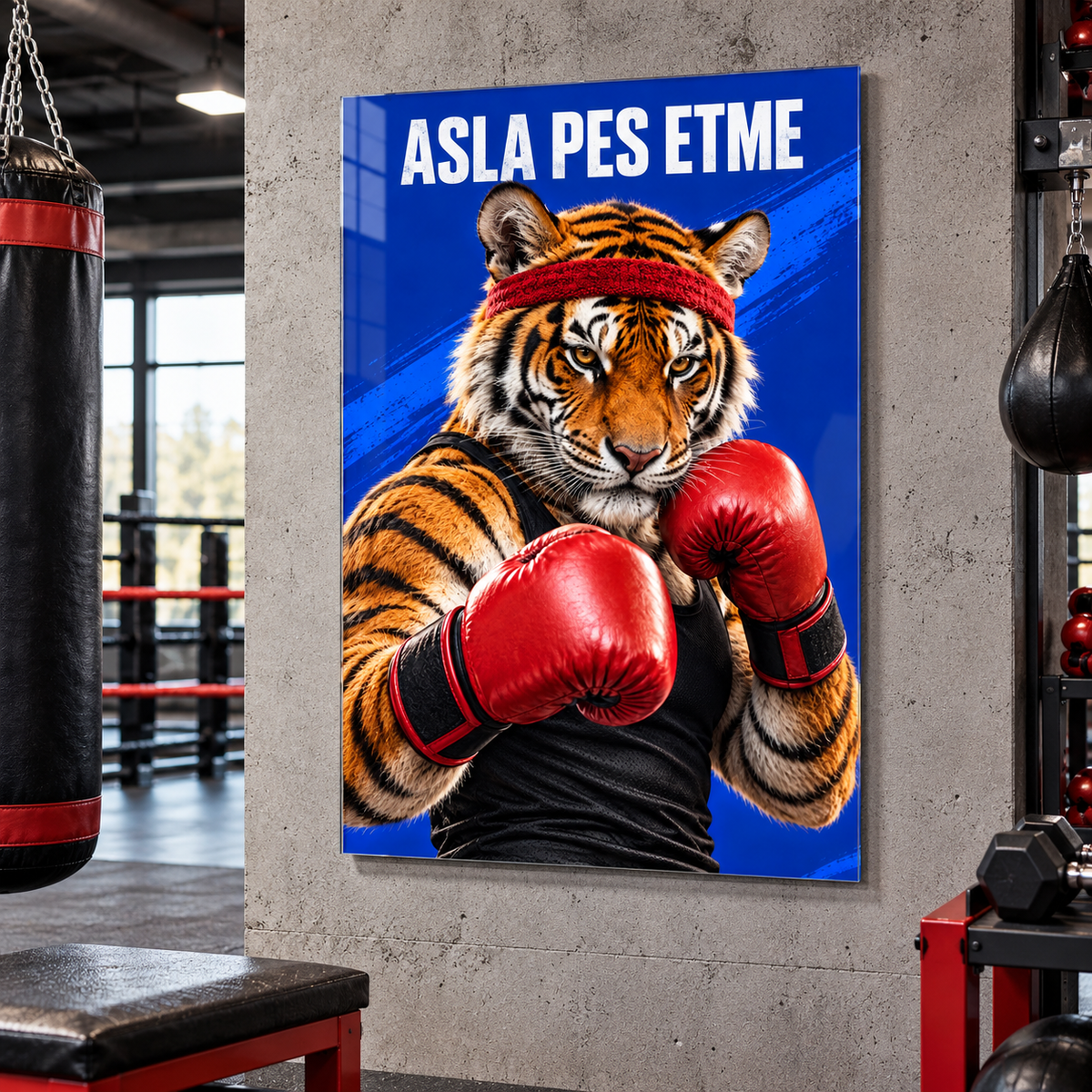 Asla Pes Etme Boksör Kaplan Dikey Cam Tablo - Boks salonunda görünüm
