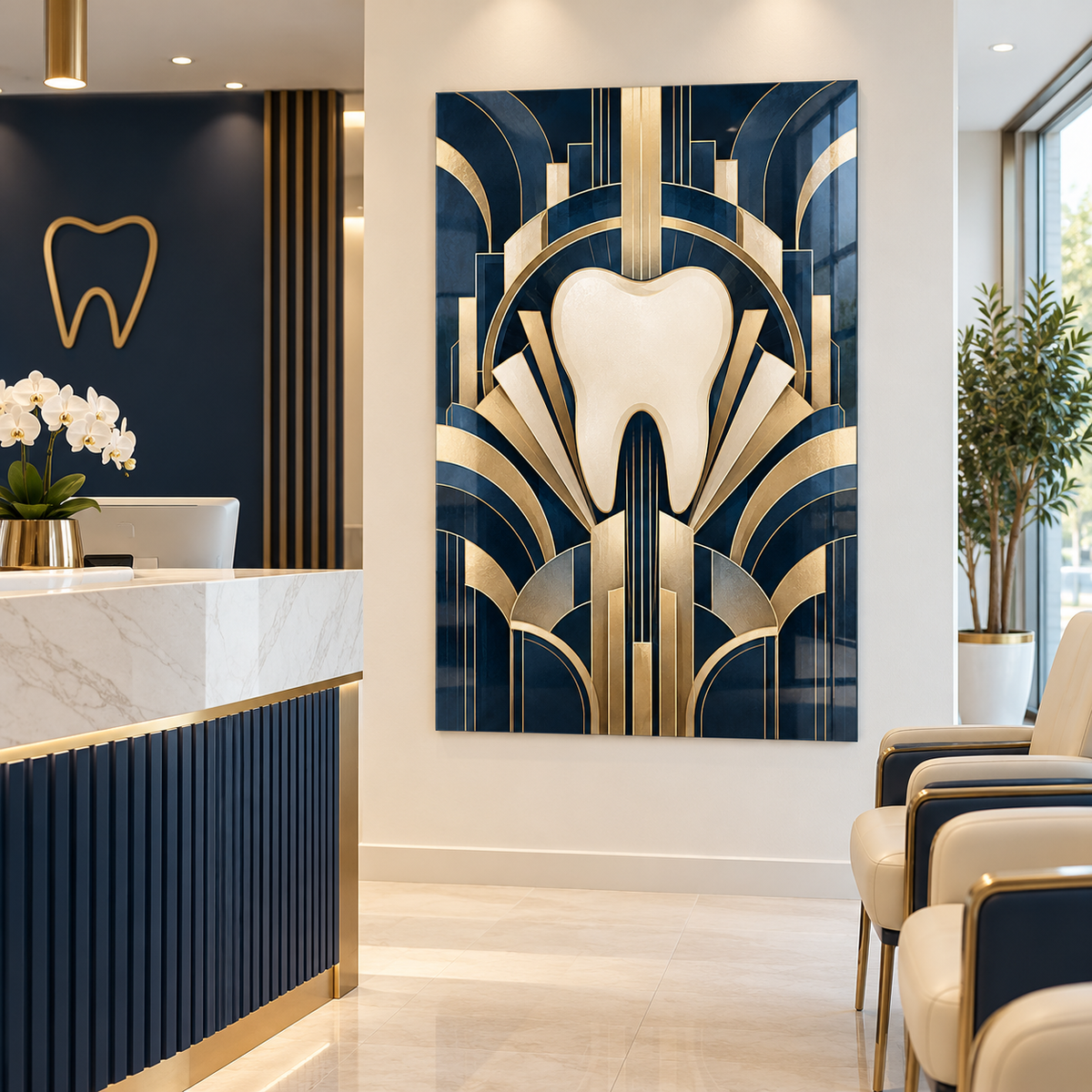 Lacivert Art Deco Diş Dikey Cam Tablo — Diş kliniği resepsiyonu