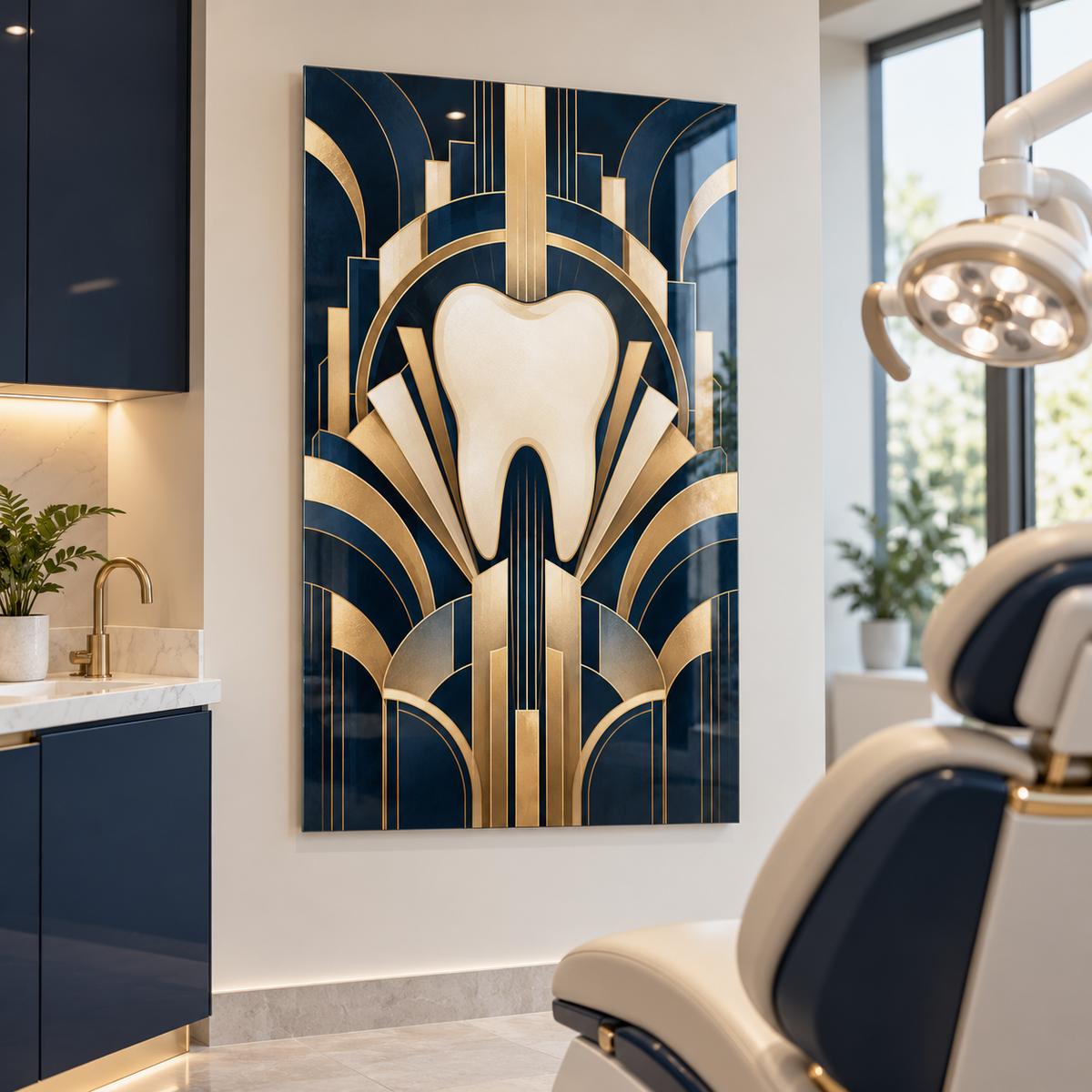 Lacivert Art Deco Diş Dikey Cam Tablo — Diş kliniği muayene odası