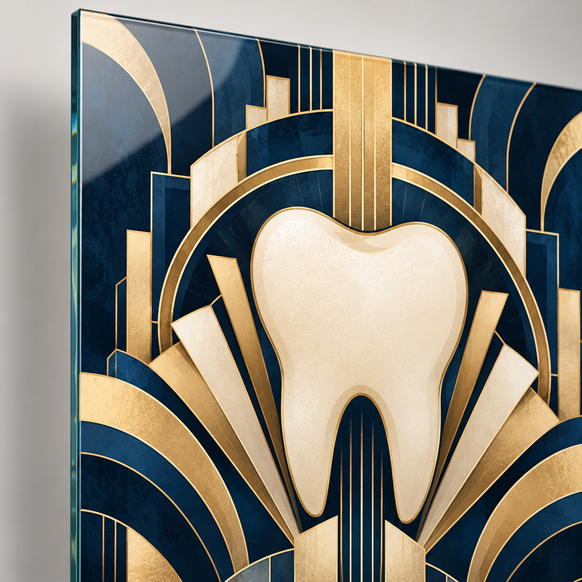 Lacivert Art Deco Diş Dikey Cam Tablo — UV baskı ve desen detayı