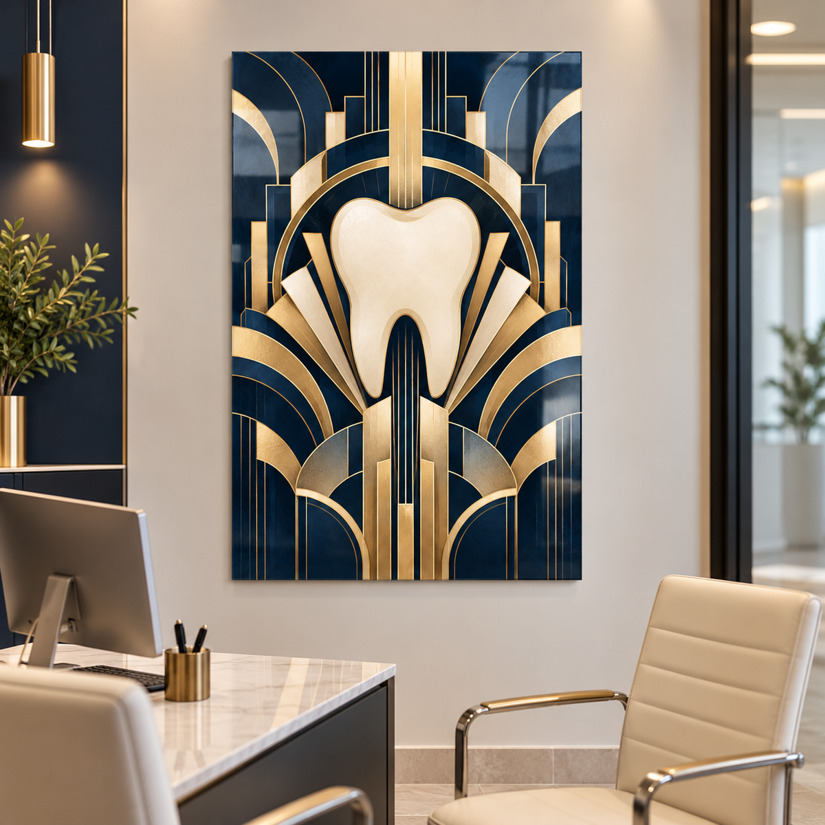 Lacivert Art Deco Diş Dikey Cam Tablo — Diş kliniği danışma odası
