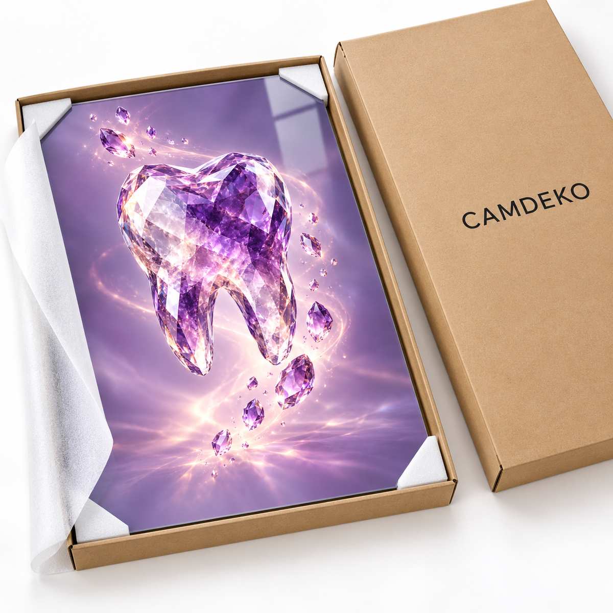 Ametist Kristal Diş Dikey Cam Tablo — CAMDEKO koruyucu paketleme