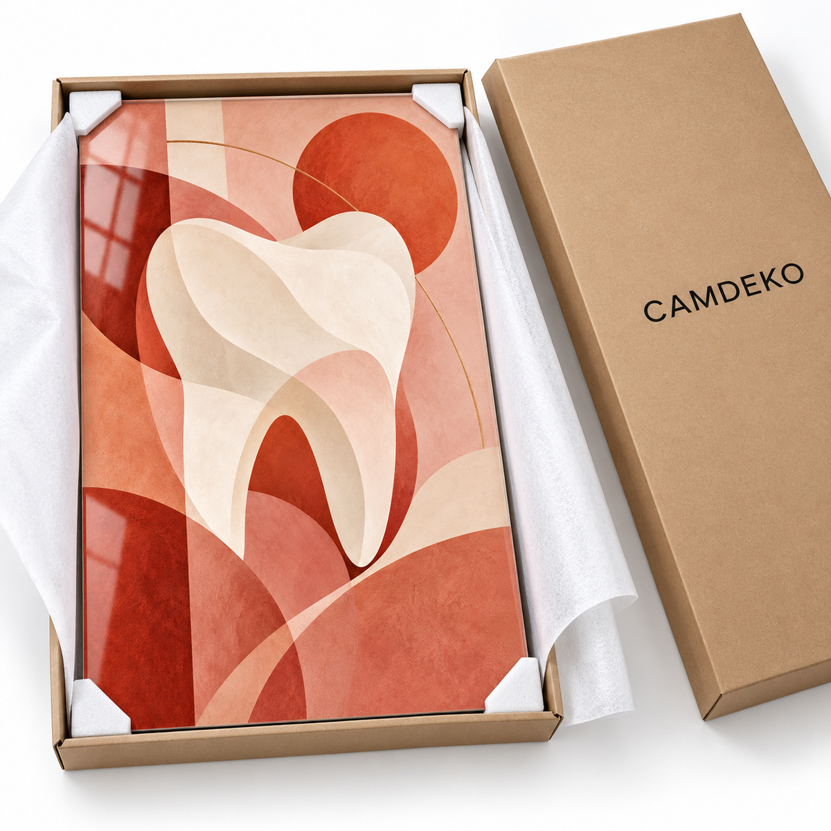 Mercan Geometrik Diş Dikey Cam Tablo — CAMDEKO koruyucu paketleme