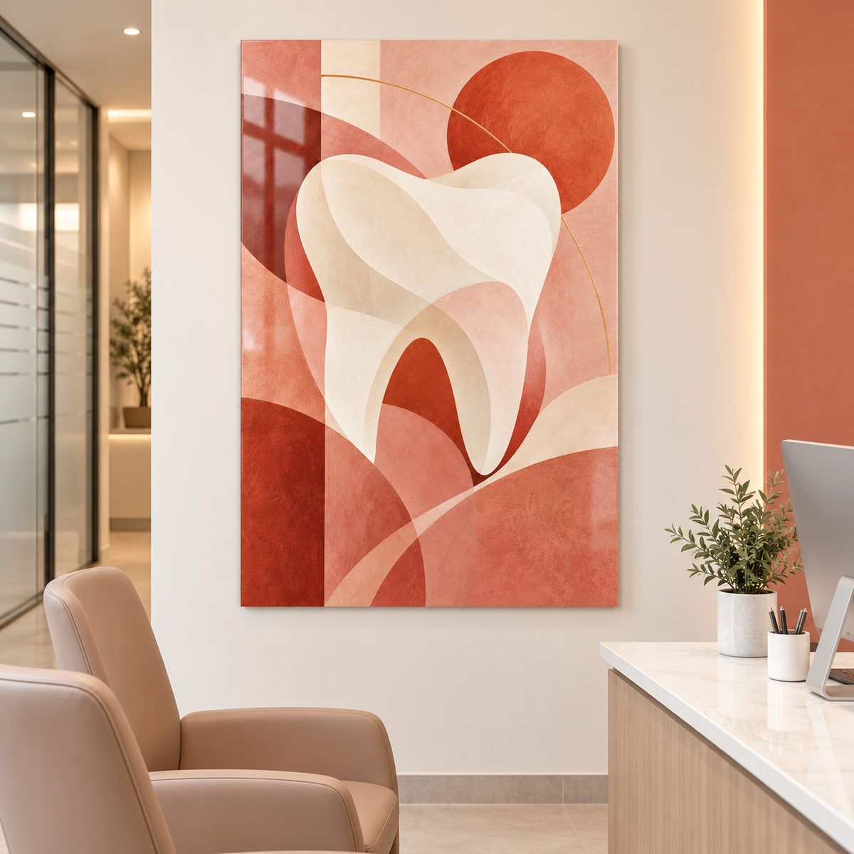Mercan Geometrik Diş Dikey Cam Tablo — Diş kliniği danışma odası