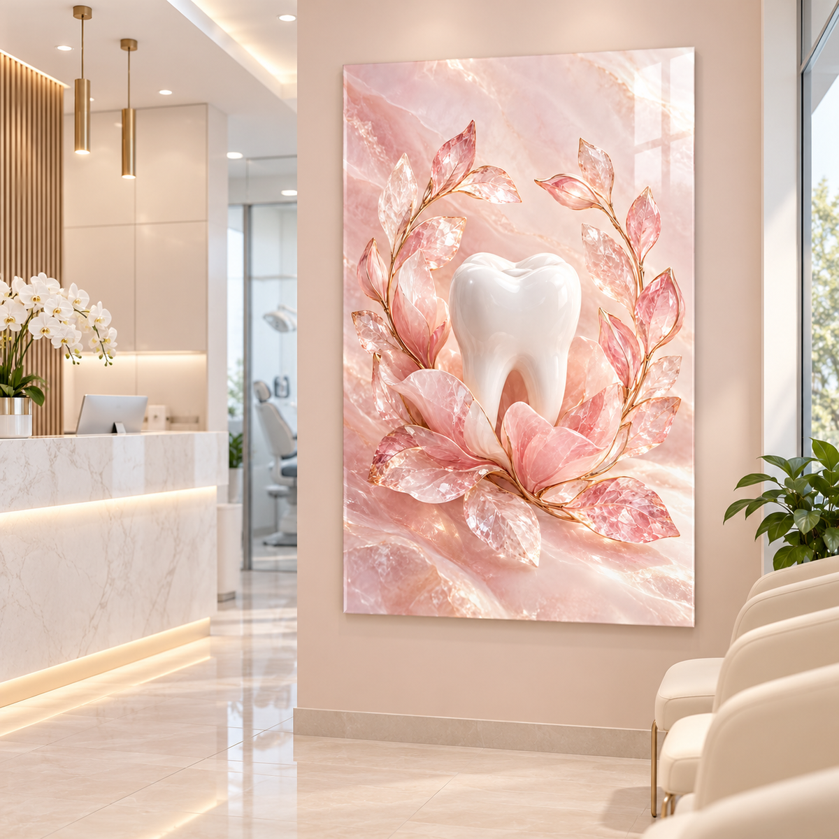 Pembe Kuvars Diş Bahçesi Dikey Cam Tablo — Diş kliniği resepsiyonu