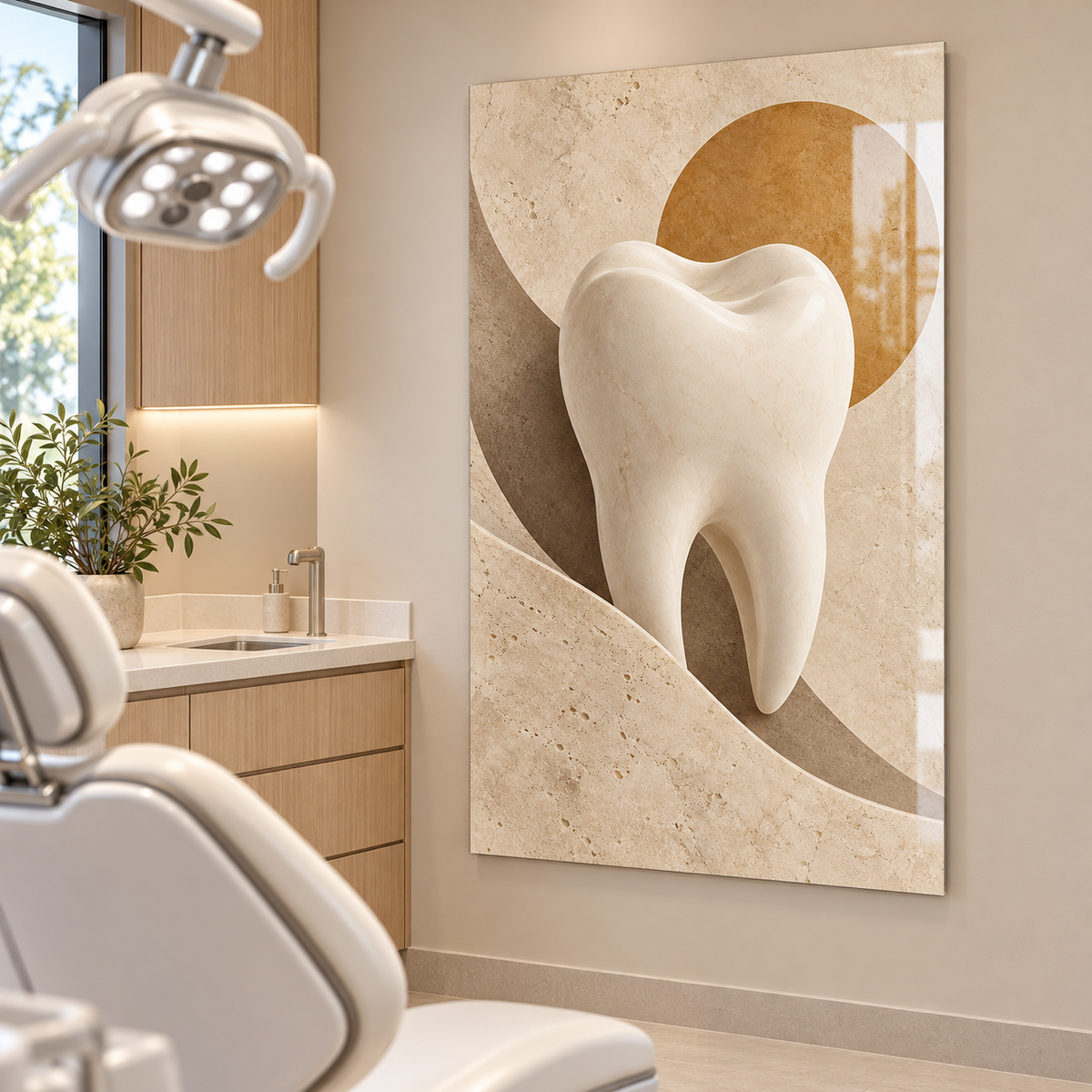 Kum Tonlarında Minimal Diş Dikey Cam Tablo — Diş kliniği muayene odası