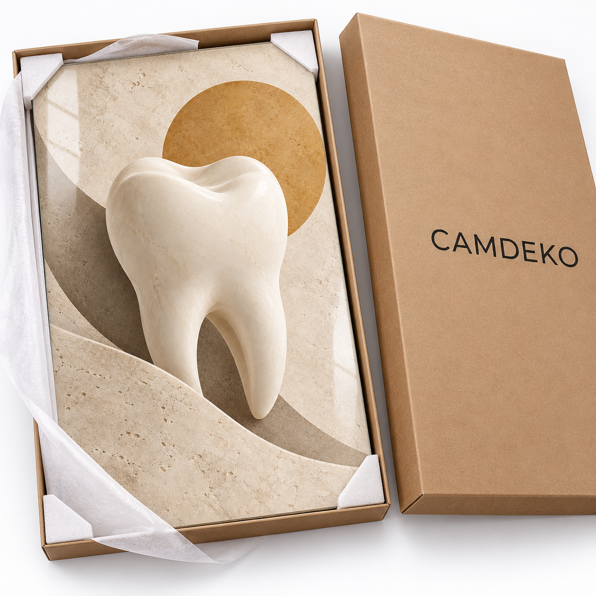 Kum Tonlarında Minimal Diş Dikey Cam Tablo — CAMDEKO koruyucu paketleme